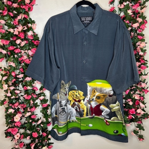 🌹Dog Series by Dragonfly Gray Button Up Graphic Shirt XL Pool Game Scenery - Picture 1 of 9